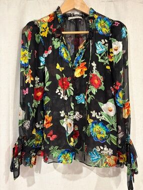 Alice + Olivia Black Sheer Floral Tie-Neck Blouse